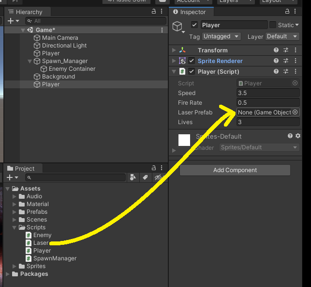 Drag Laser Prefab after adding Player Script